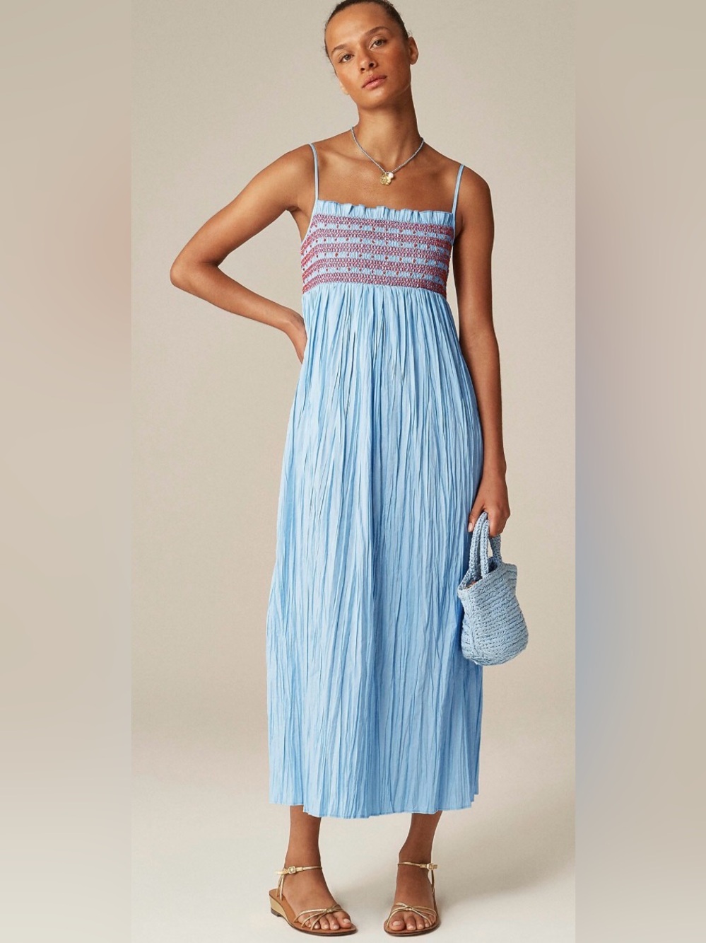 J.Crew Catania Crinkled Midi Dress Smocked Blue Red Pockets Sz M Tall NWT Casual